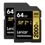 Lexar Professional SDXC Memory Card, 2000x, 64GB Class 10, V90, UHS-II, U3 W/O Reader, R300/W260MBs