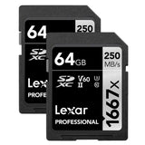 Lexar Professional SDXC Memory Card, 1667x 64GB, Class 10, UHS-II, U3, V60, 2/PK